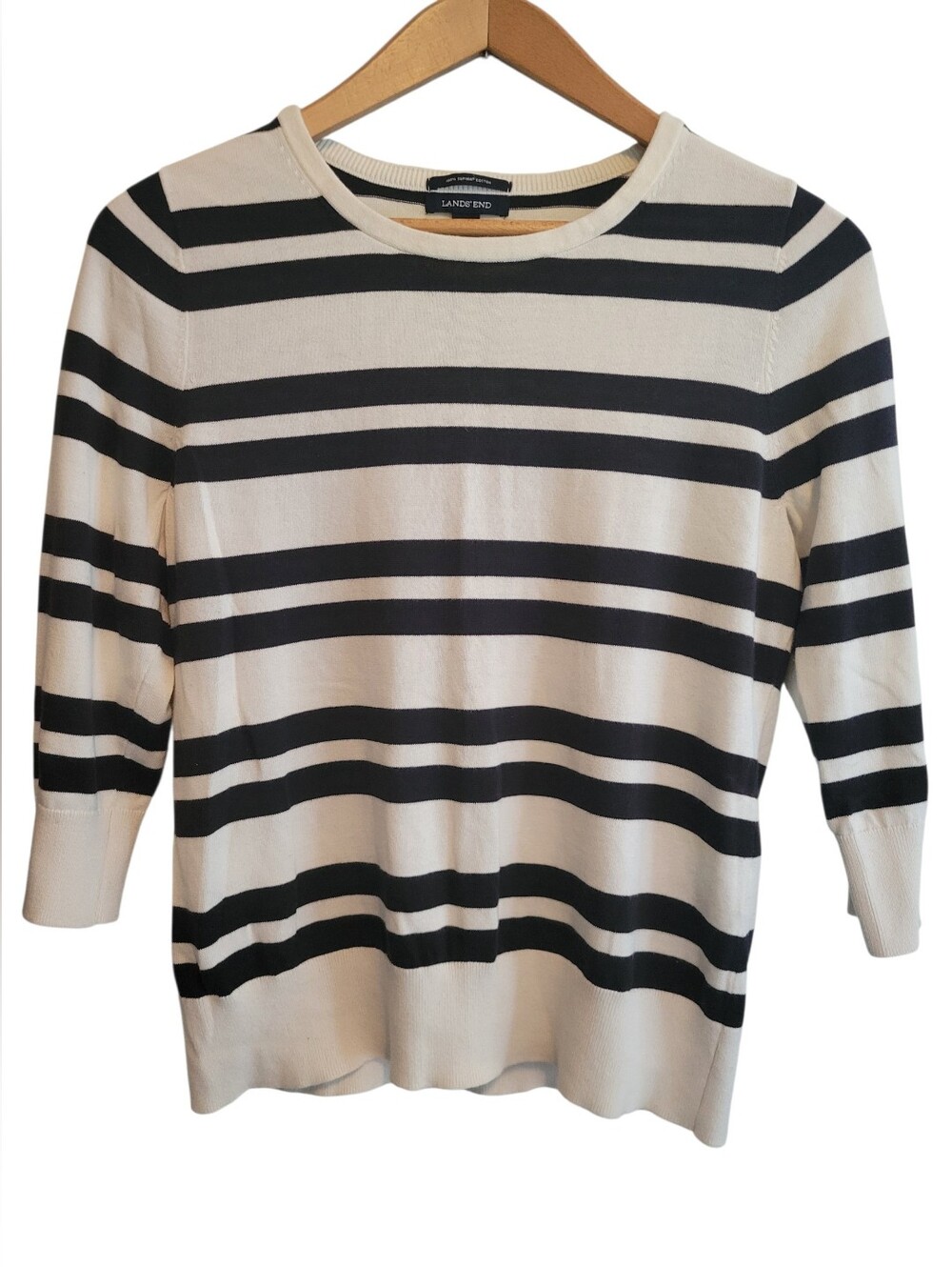 Land"s End 100% Supima Cotton Black White Striped 3/4 Sleeve Sweater Size Medium